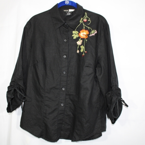 Focus Lifestyle Button-down Embroidered Floral Black Linen Blend Top Size Large - Picture 1 of 7